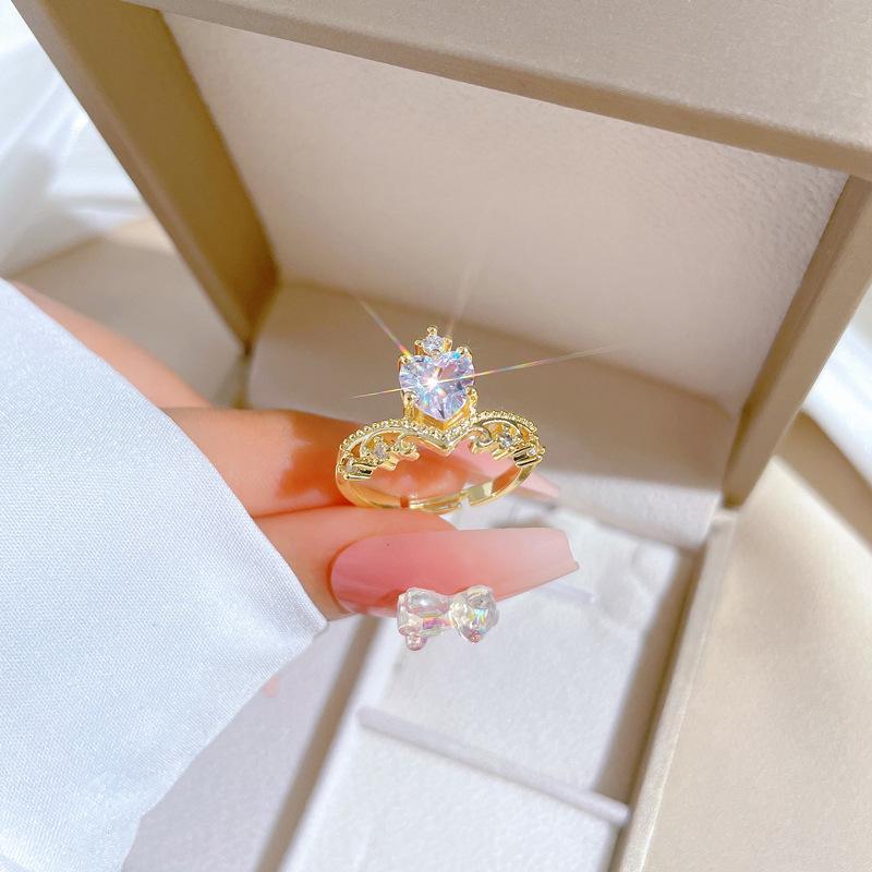 Real Gold Crown Love Full Diamond Ring Opening Adjustable Simple Jewelry Japanese Ring Couple Ring