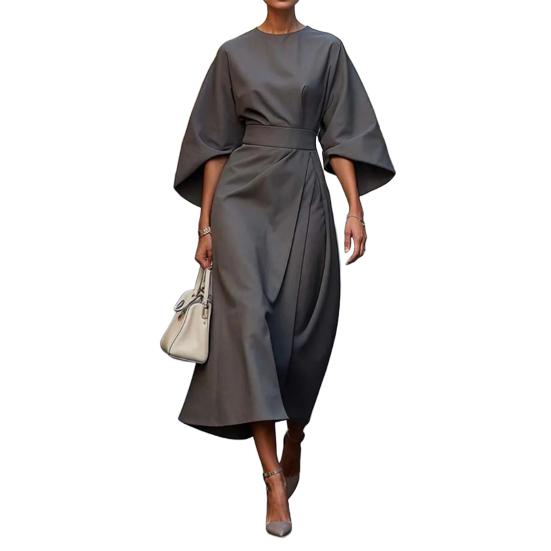 Women Dress Slim Waist Solid Color Dolman Sleeves Midi Dress Calf Length Evening