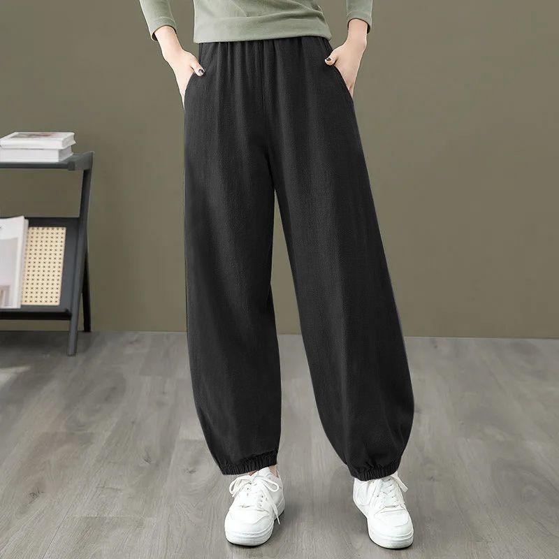 Women Fashion Casual Pants Spring Summer Loose Fit Elastic Waist Cotton Linen Tapered Ankle Pants