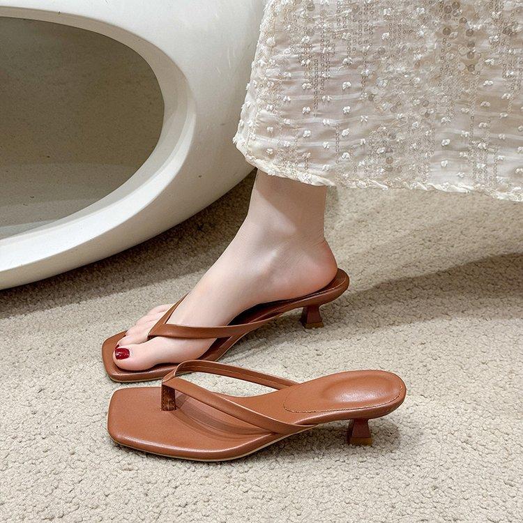 Women's Summer Square-Toe Thong Sandals with a Slim Heel