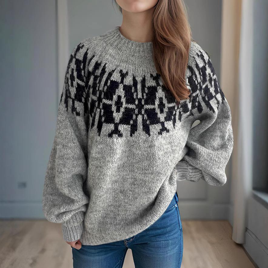 New retro jacquard sweater for women's wish hot selling round neck color blocked loose pullover knitted sweater for women 3532 EMA