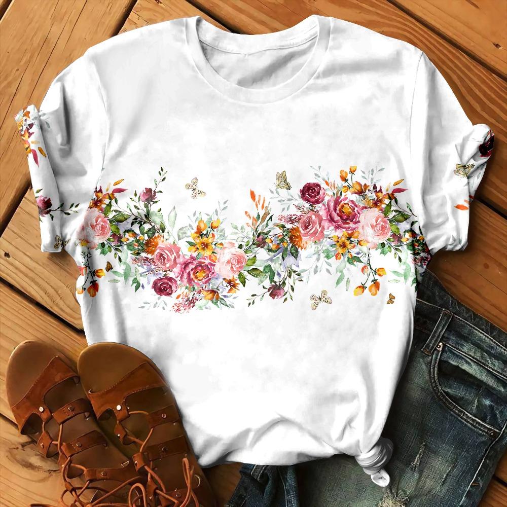 Love Floral Heart Pattern 3D Print T-Shirts Women O-Neck Short Sleeve T Shirt Y2k Harajuku Streetwear Tees Top Female Clothing