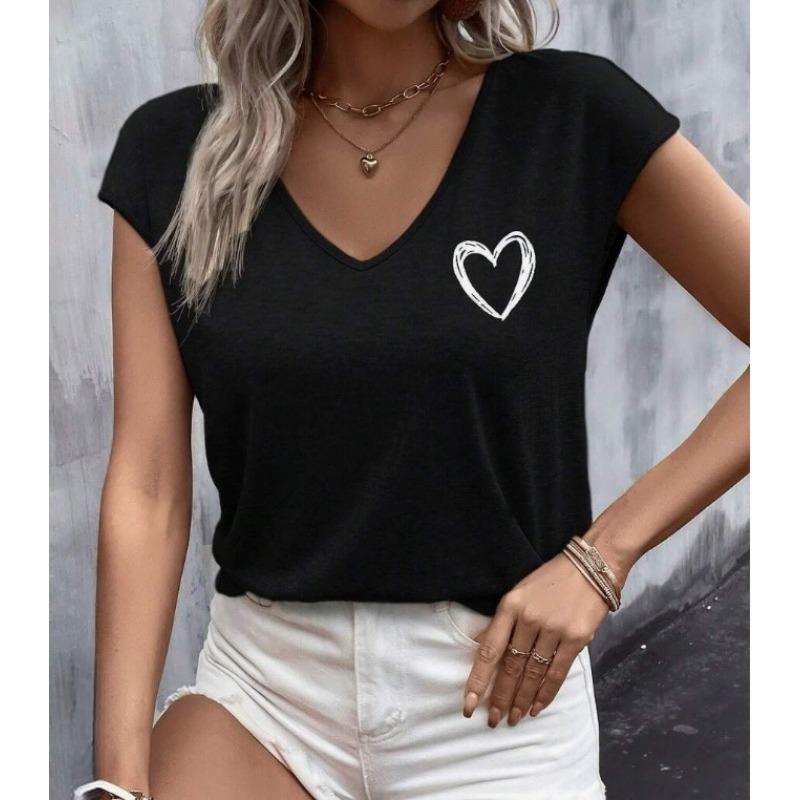 Summer V-neck 3D Love Printed Top Fashionable Casual Short Sleeved Women's T-shirts