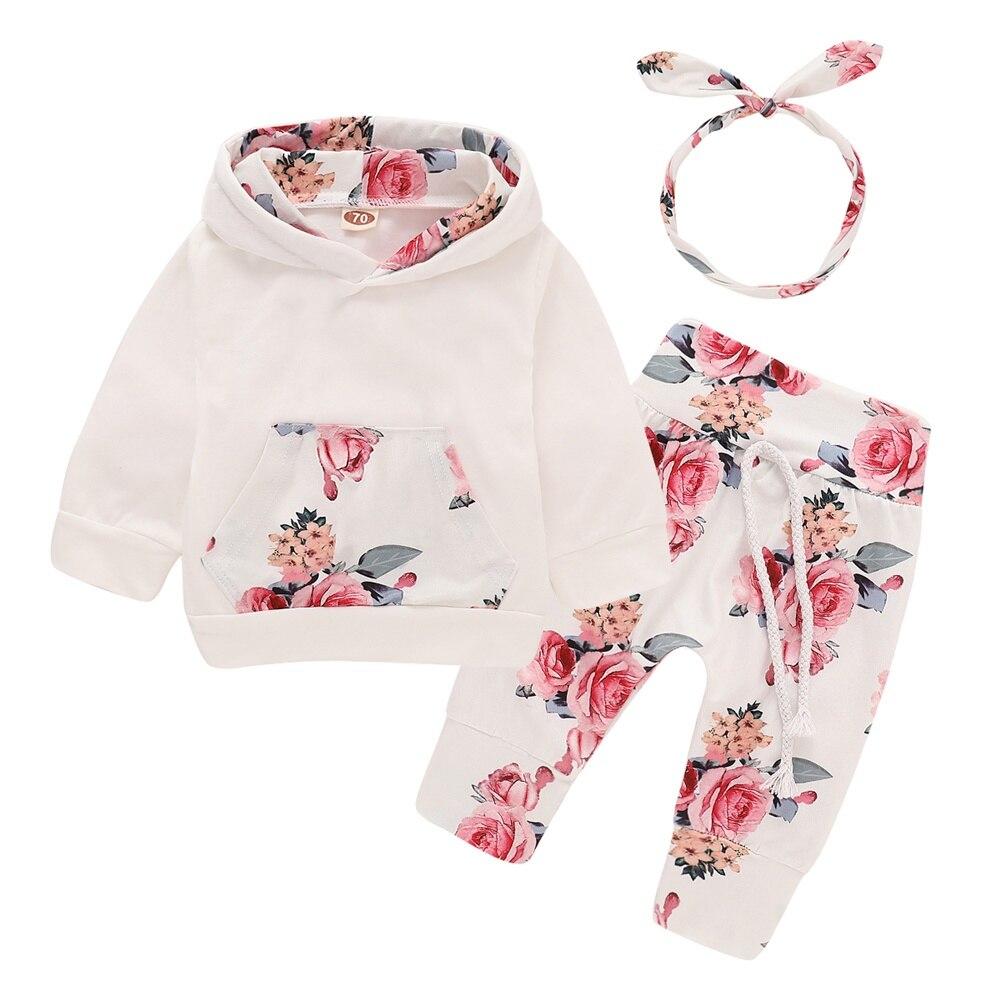 0-18 Mois Bébé Fille 3 Pièces Ensemble Vêtements à Capuche Imprimé Fleurs Manches Longues Haut+Pantalon+Bandeau Nœud Mode Tenue d'Automne 80 (3-6M)