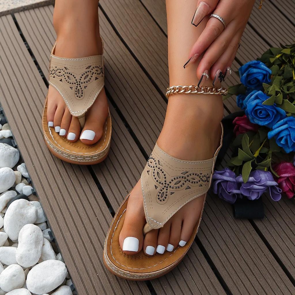 Women Platform Sandals Beach Casual Wedges Flip Flops Premium Orthopedic Open Toe Big Toe Anti-slip Outdoor PU Leather Shoes