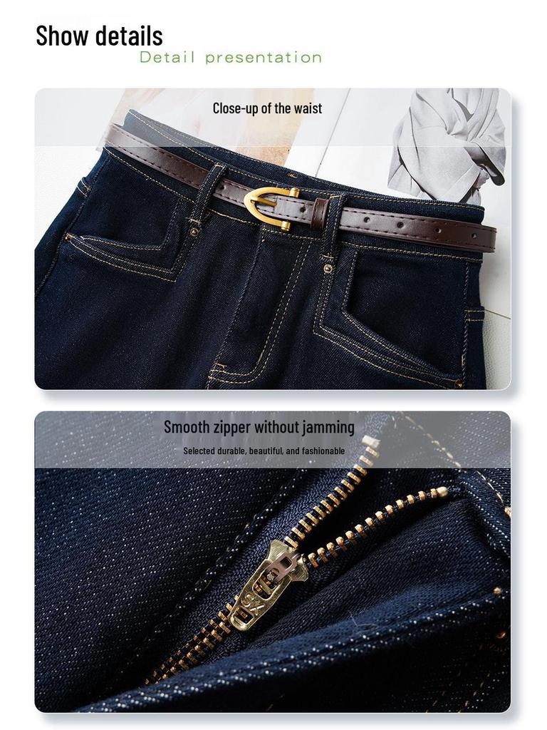 Blue Fleece-Lined High-Waisted Flare Pants for Women, Pear-Shaped Fit, 2024 Autumn/Winter Style