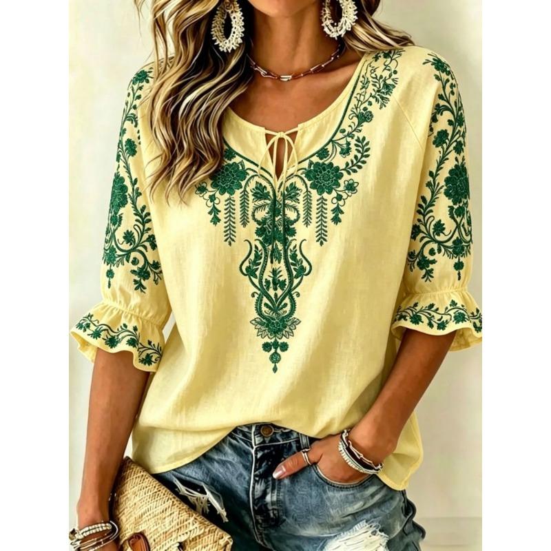 Women's Pink Floral Embroidered Tie Neck Blouse, Casual Loose Tops for Spring Summer Daily Wear & Vacation Occasions