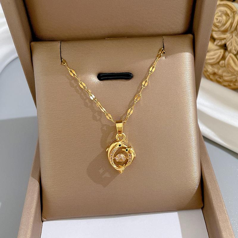 Couple Mother And Child Dolphin Beating Zircon Pendant Necklace For Women Don'T Fade Heart Animal Jewelry Kid Birthday Gift