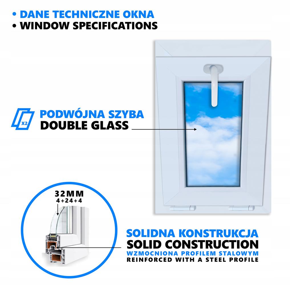 Białe okno PCV, uchylne, 40x60, nowe, 400x600, rozwierno-uchylne, dwuszybowe