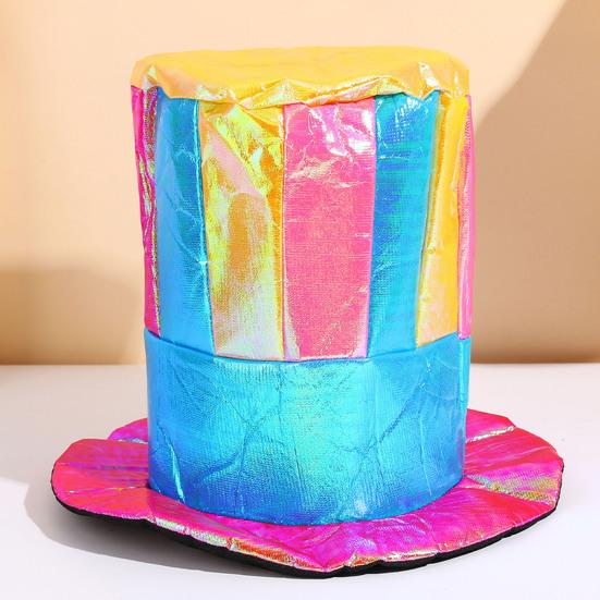 Circus Clown Stage Prop Magician Top Hat, Colorful Glossy Wide Brim Retro Striped Strong Durable Polyester Hat for Halloween Costume, Mardi