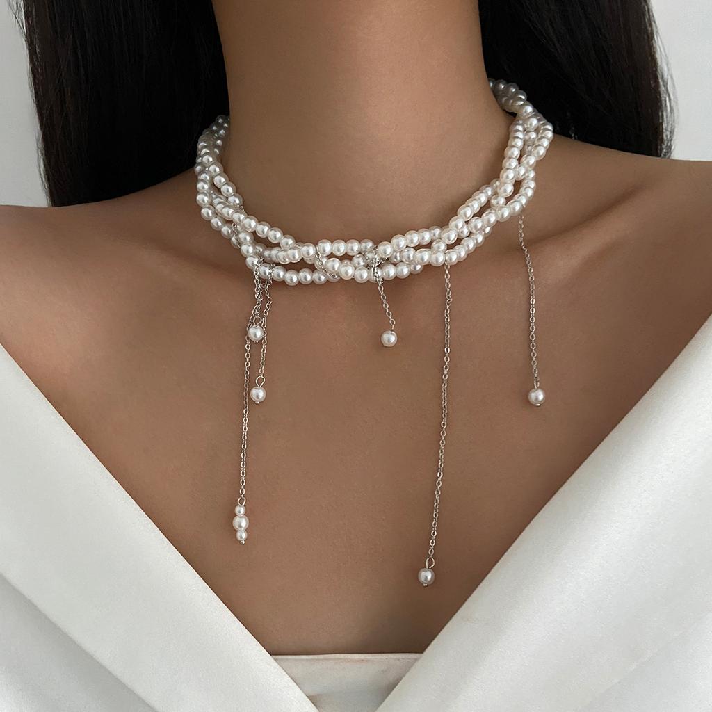 Exquisite French Style Necklace For Women Light Luxury Y2K Multi Layer Imitation Pearl Tassel Neck Chain Girls Trendy Choker