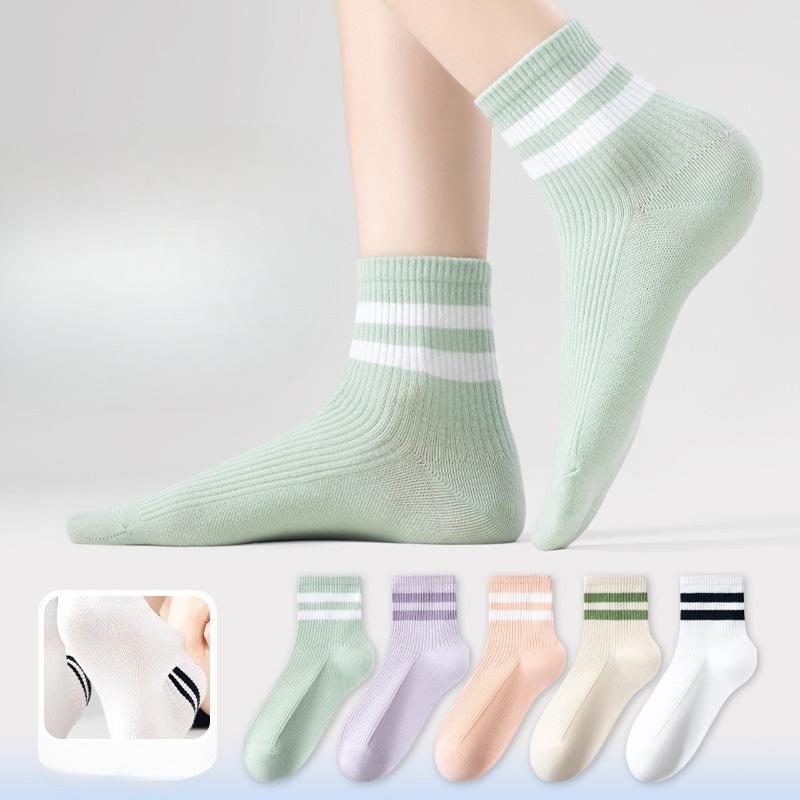 Women's Solid-color Cotton Socks, Mid-calf Socks, Breathable, Antibacterial, Deodorizing Striped, Versatile Sports Women's Socks