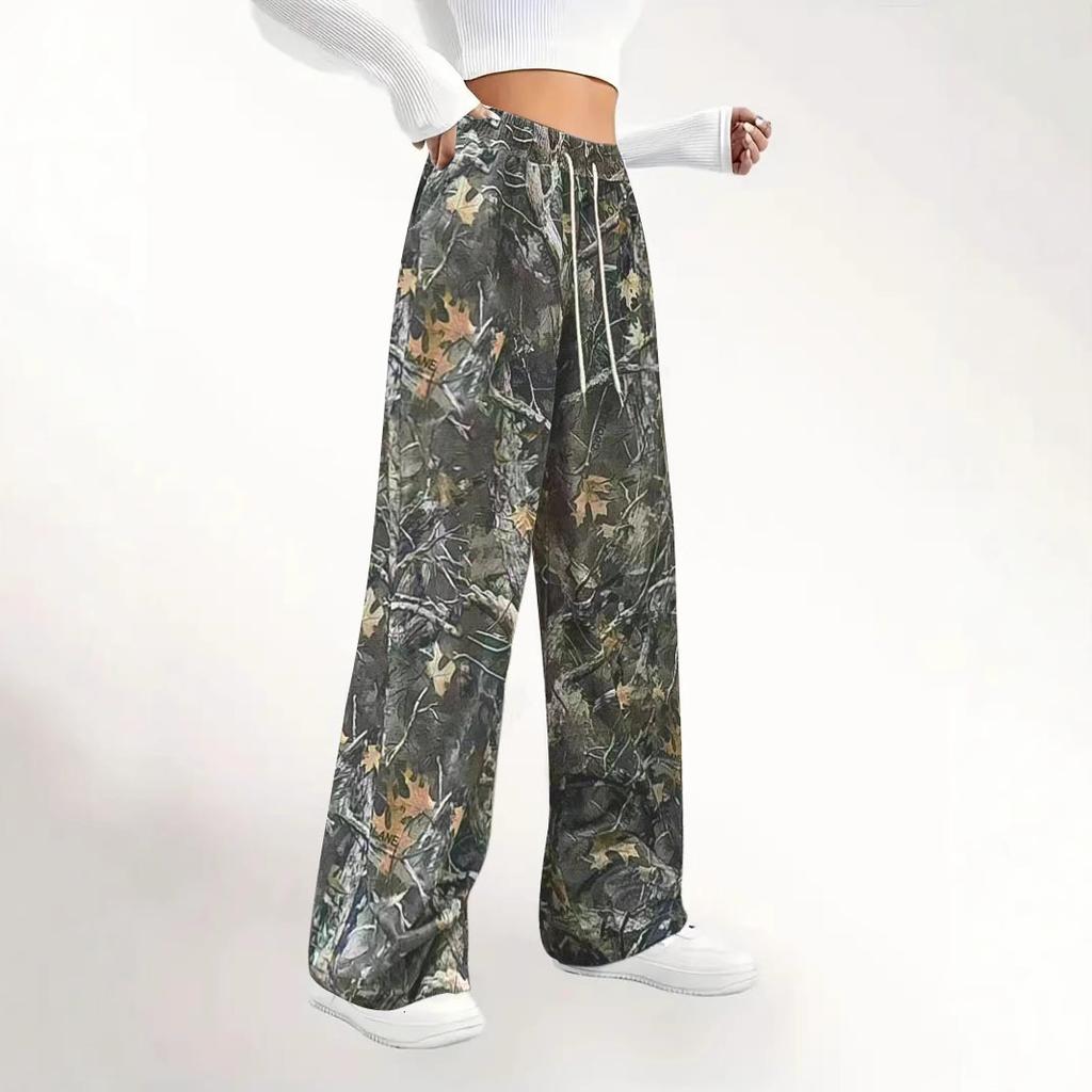Girls' Fashionable Casual Waist Cinching Camouflage Printed Wide Leg Loose Straight Leg Pants In Spring, Summer, and Autumn