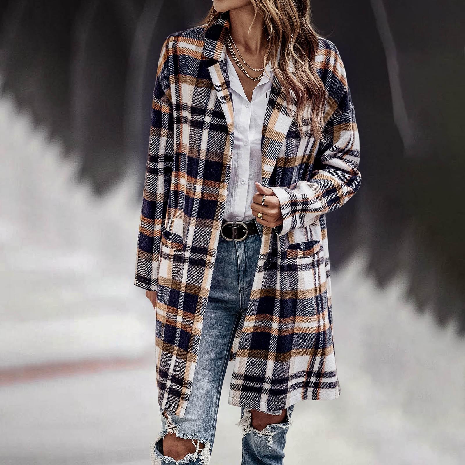 

Women s And Winter Temperament Pocket Plaid Long-sleeved Button Coat L коричневий