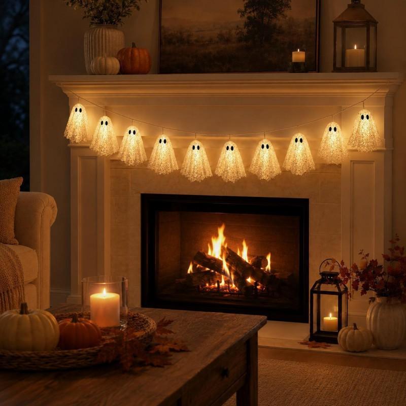 Lighted Lace Ghost Garland Halloween Fireplace Decor 10-Set Spooky Party Hanging