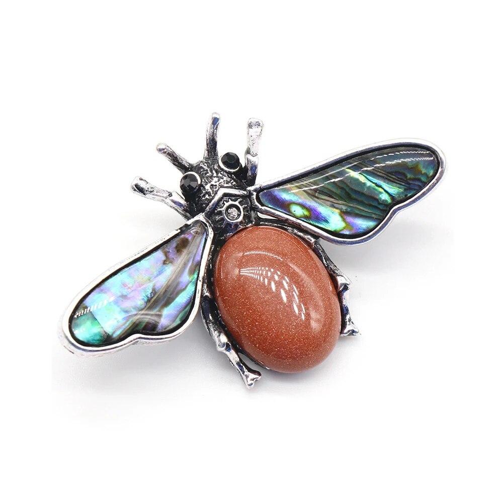 35x56mm Cute Bee Shape Pendant Natural Stone Crystal Agate Abalone Shell Brooch Charms for Jewelry Making DIY Necklace Accessory