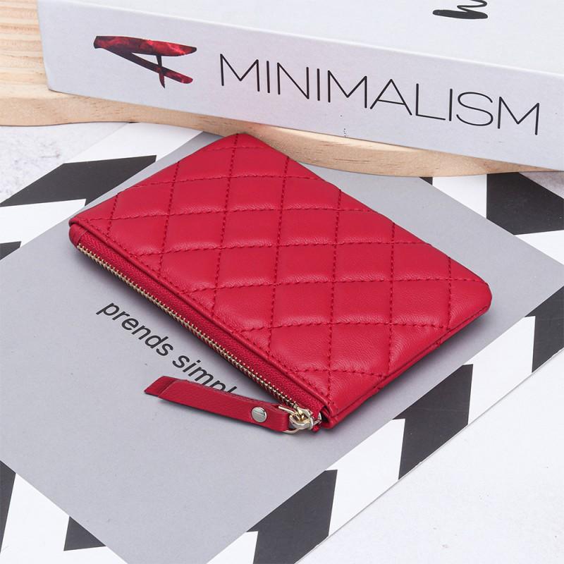 Korean Sheepskin Change Purse Women's Hand-held Key Chain Loose Wallet Diamond-grid Zipper Mini Genuine Leather
