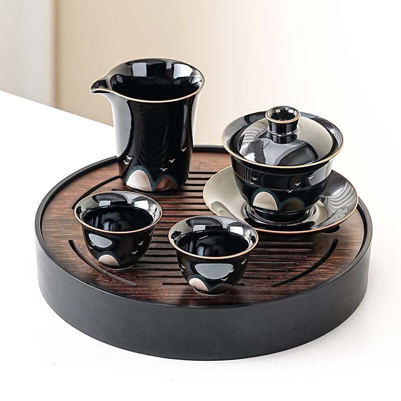 Lainuo Black Glaze Gaiwan Tea Set with Walnut Round Tray