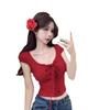 Temperament High Street Personality Chic Pure Desire Spice Girl Sexy Lace-up U-Neck Niche Design Sense Short Sleeve Slim T-Shirt Women's Summer