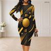 Women Plus Size Round Neck Long Sleeve Printed Green Black Bodycon Midi Dress