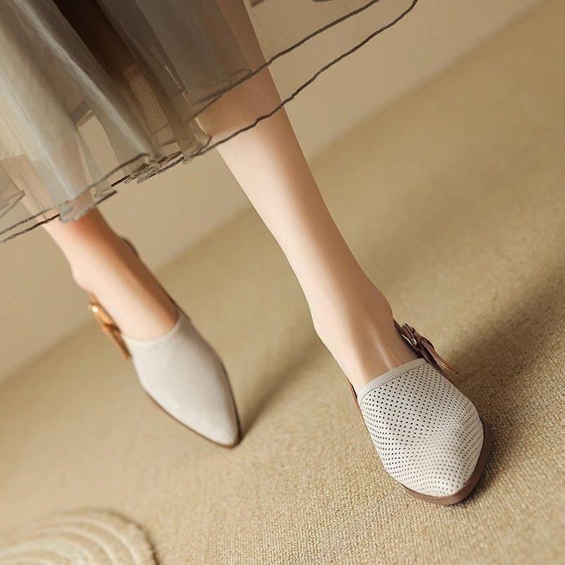 

2025 summer sandals women s small hole hole breathable fly woven bag head small fragrant wind word with thick heel pointed middle heel women s shoes 40