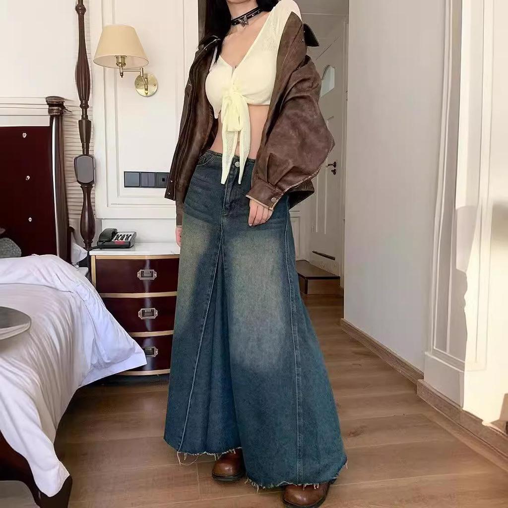 Women's High-Waist Summer 2024 Retro Washed Denim A-Line Skirt