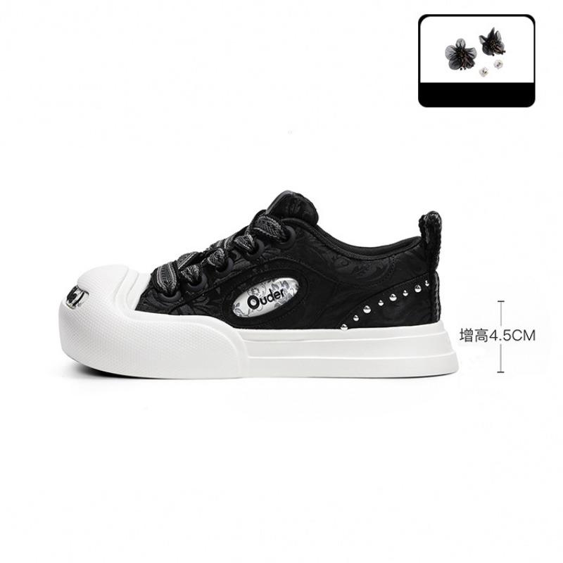 

Шелковый узор открытая улыбка парусиновые туфли новые женские толстая подошва увеличивающие рост большая голова доска обувь низкий верх круглый носок повседневная обувь 35