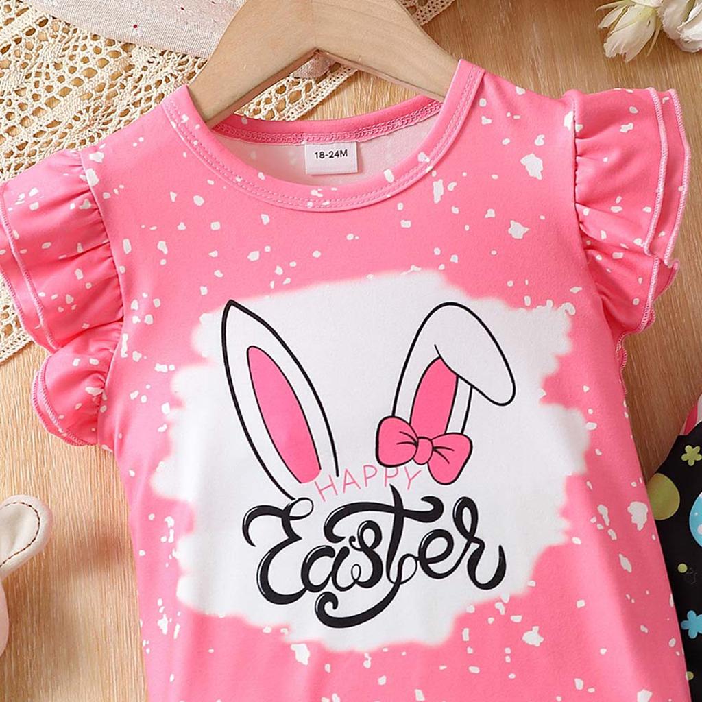 Baby Girl 2Pcs Easter Outfits Short Sleeve Tops and Plain Flare Pants Set Toddler Clothes
