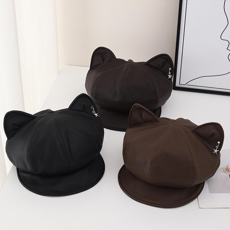 Fashion Versatile Hat Women's Sweet and Cool Wind Cat Ears Leather Octagonal Hat Autumn and Winter Versatile Face Small Winter Hat