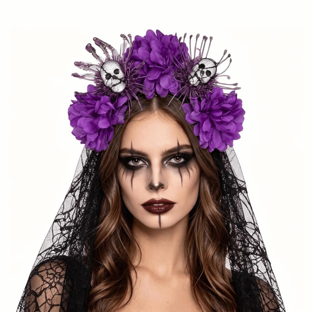 Dark Purple Skull Headband Lace Veil Gothic Hairband Stylish Skull Headwear Halloween Party
