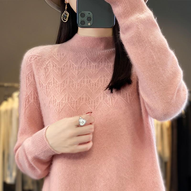 New Autumn and Winter Half-high Neck Hollow Cardigan for Women's First-line Ready-to-wear Skin-friendly and Warm Wool Knitted Base Sweater