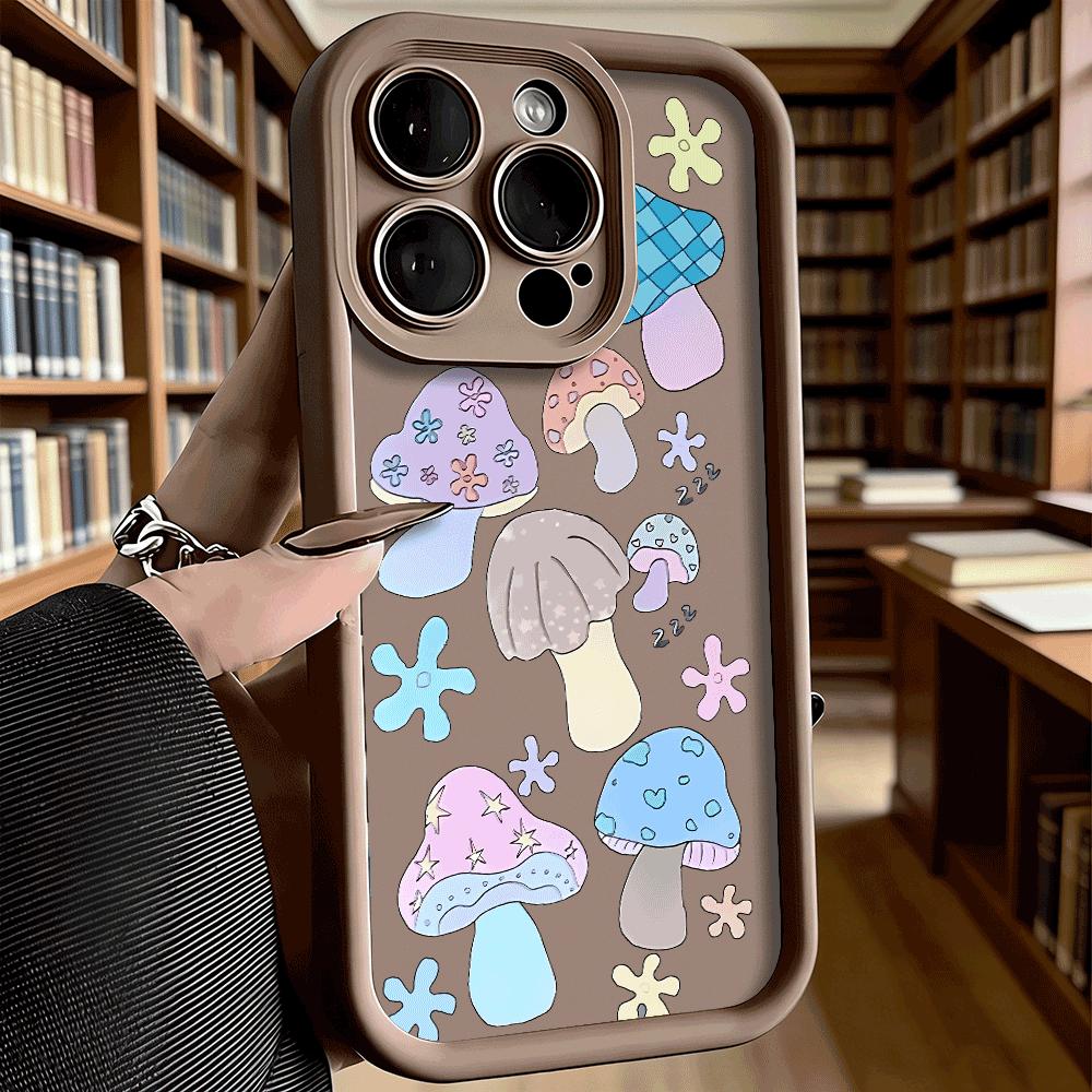Pastel Cute Mushroom Stickers Soft TPU Phone Case for iPhone 17 16 15 14 13 12 11 Pro Max Plus Shockproof Anti-Slip Cover