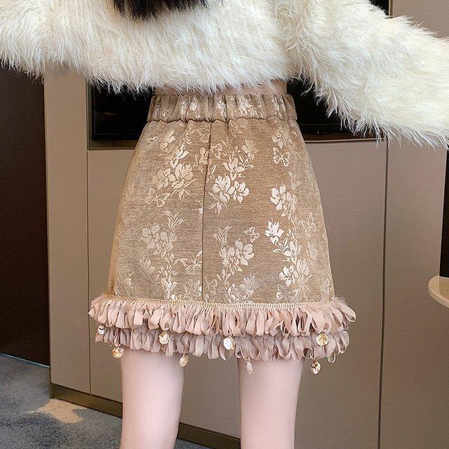 French Heavyweight Ruffle High Waist Embroidery Jacquard A-Line Bodycon Midi Skirt