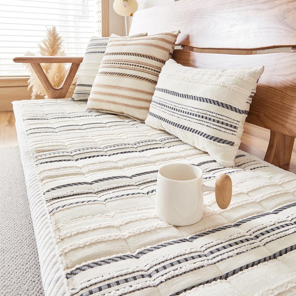 Striped Chenille Plush Sofa Cushion, All-Season Non-Slip Mahogany Solid Wood Seat Cushion, Plush Thickened New Model