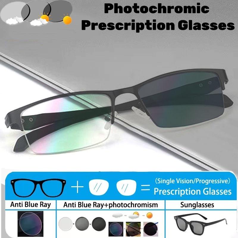 Pochromic Glasses Anti Blue Light Prescription Eye Glasses Retro Men Half Frame Business Color Changing Eyeglasses