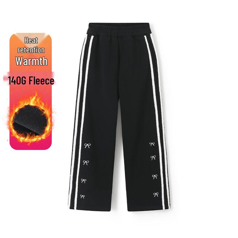 Girls  Bow Embroidered Fleece-Lined Straight-Leg Casual Pants 170