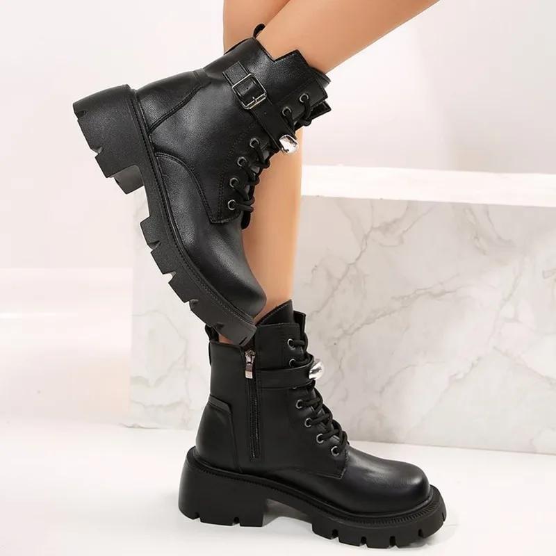 Motorcycle Boots Side Zip Thick Bottom Retro Female Short Botas Winter Warm Shoes Women Belt Buckle Black Ankle Boots for Women