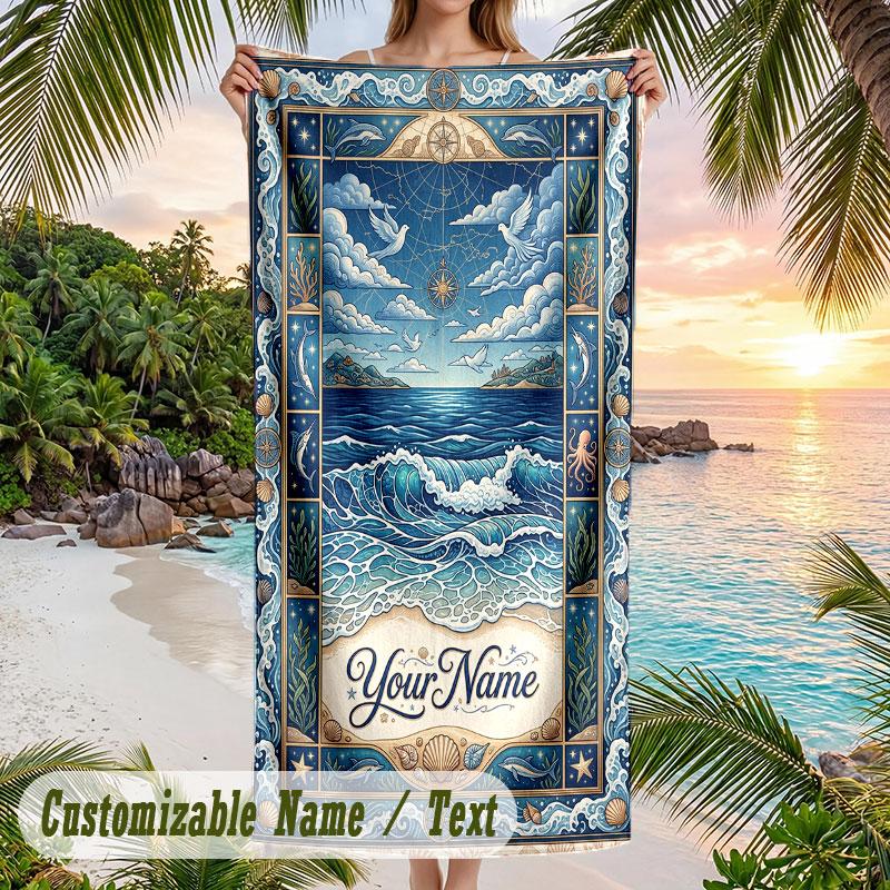 Ocean Otter Friends Theme Quick Dry Beach Towel Custom Name Text Print Large Sand Resistant Towel Beach Vacation