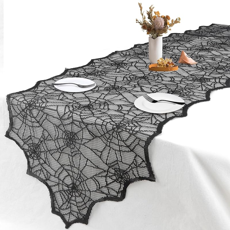 Halloween Decorations Table Runner - Black Lace Spider Web Table Runners for Halloween Table Decor, 18 X 72 Inch Halloweens Lace Table Runner for