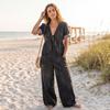 Women Casual Loose Fit Short Sleeve V Neck Washed Denim Pocket Jumpsuit Wide Leg Romper with Tie Front Detail