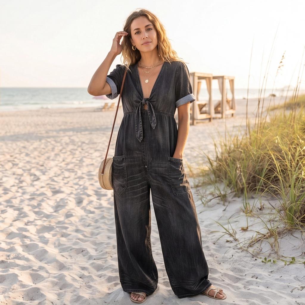 Women Casual Loose Fit Short Sleeve V Neck Washed Denim Pocket Jumpsuit Wide Leg Romper with Tie Front Detail