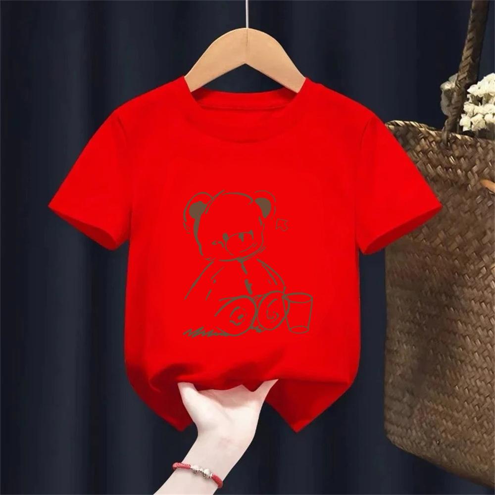 Cute Teddy Bear Print Crew Neck Tshirt Kids Fit Short Sleeve Cartoon Fashion Coffee Cup Kawaii Girls Clothing