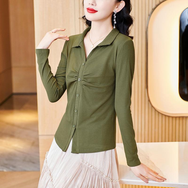 

Весеннее платье для мам с плиссированным топом с длинными рукавами для женщин с облегающим кроем и узкими лацканами, высококачественная базовая рубашка в стиле темперамент для женщин 3XL