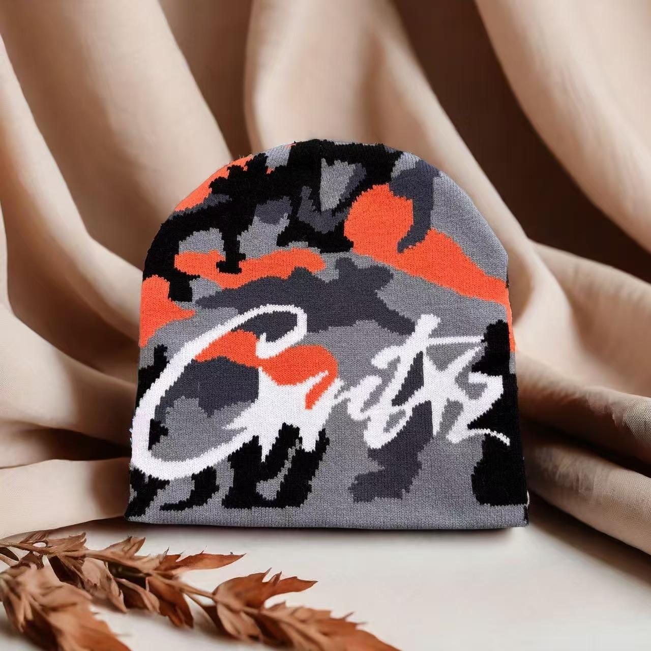 

Autumn Winter Camouflage Knitted Hat Unisex Warm Hip Hop Fashion Trend Overhead Cap Outdoor round Top No Brim Knitted Hat