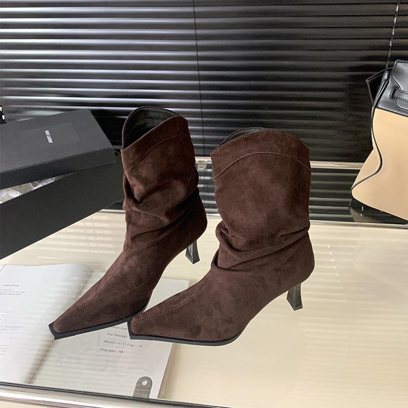 

Женские ботильоны с острым носком на тонком каблуке 2025 год, новинка, осенне-зимние, на высоком каблуке, средней высоты, ботильоны-чулки 39 коричневый