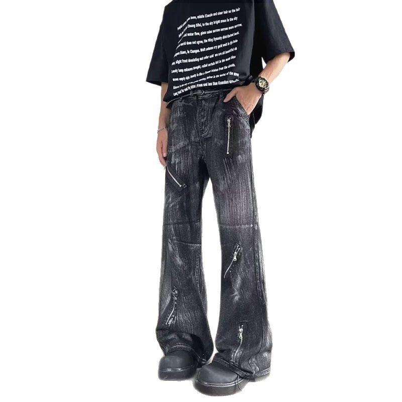 Washed tie-dye micro-pull jeans men's American vibe trendy brand retro ruffian handsome heavy industry niche zipper straight trousers