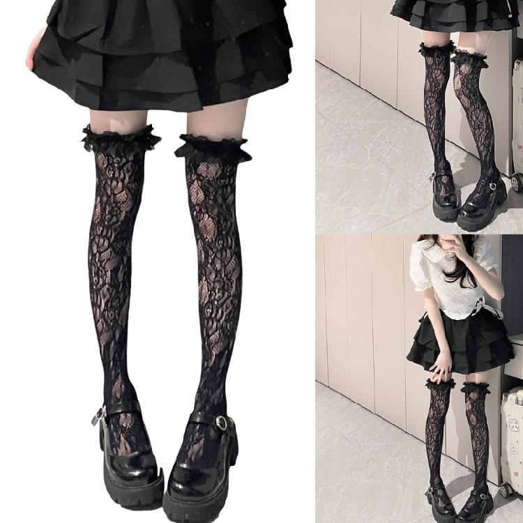 Thigh Highs Stockings with Ruffle Trim Women Flower Lace Fishnet Over Knee Socks