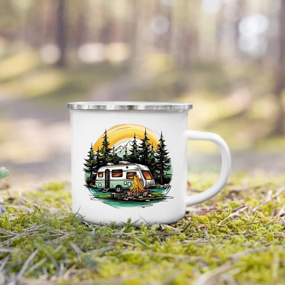 Adventure Day Caravan Printed Camper Mugs Camping Enamel Mug Campfire Party Beer Juice Cup Mountain Handle Cups Gifts for Camper