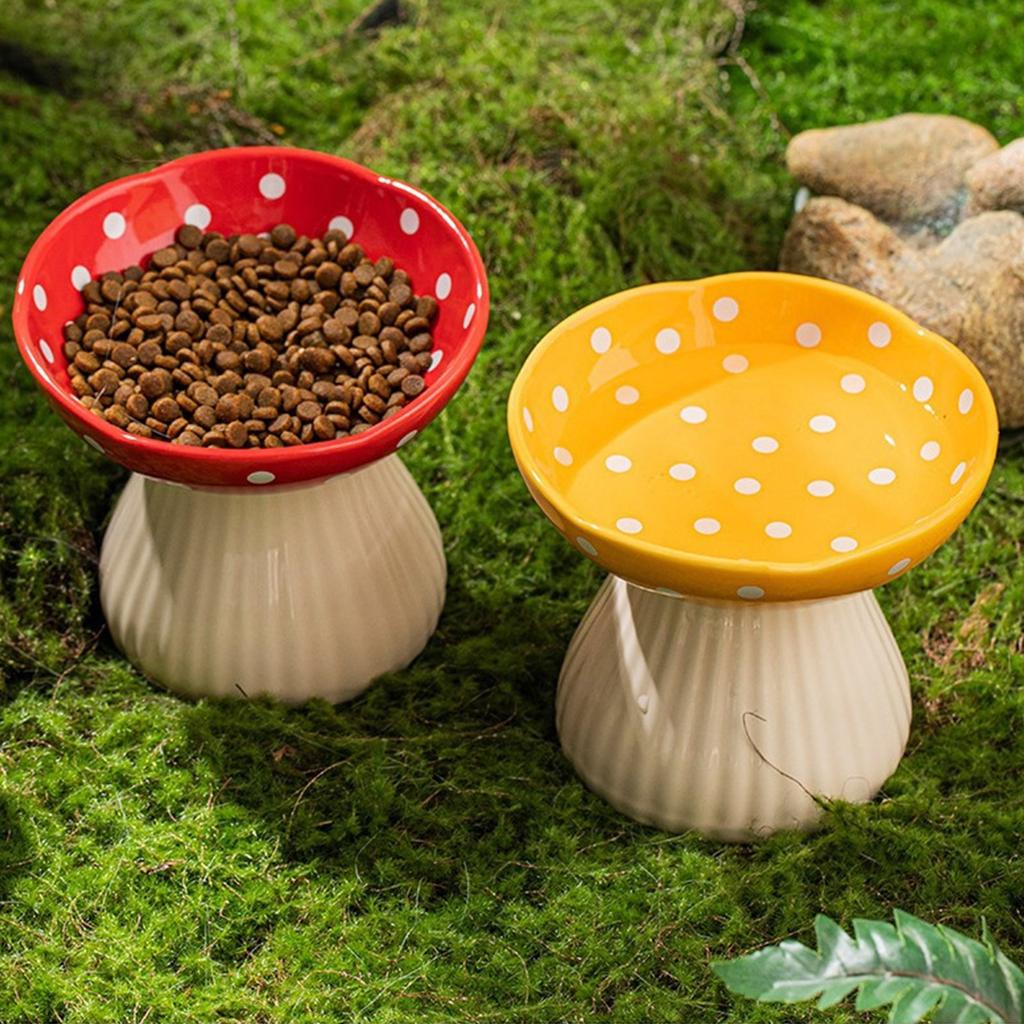 Elevated Cats Mushroom Shape Bowl Prevents Choking and Vomiting Cartoon Cats Feeding Dish Handcrafted Stand