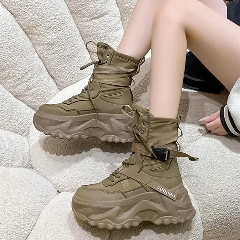 Fashion Classic Lace-up Platform Boots Women Mid-calf Flat Boots for Women Mesh Leather Splicing Light Non-slip Breathable Casual Boots